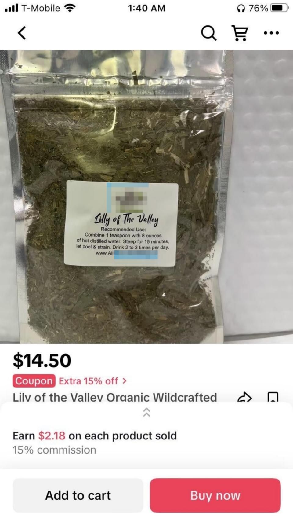 A bag labeled "Lily of the Valley Organic Wildcrafted" herbal tea is priced at $14.50 on a shopping app with a 15% coupon available