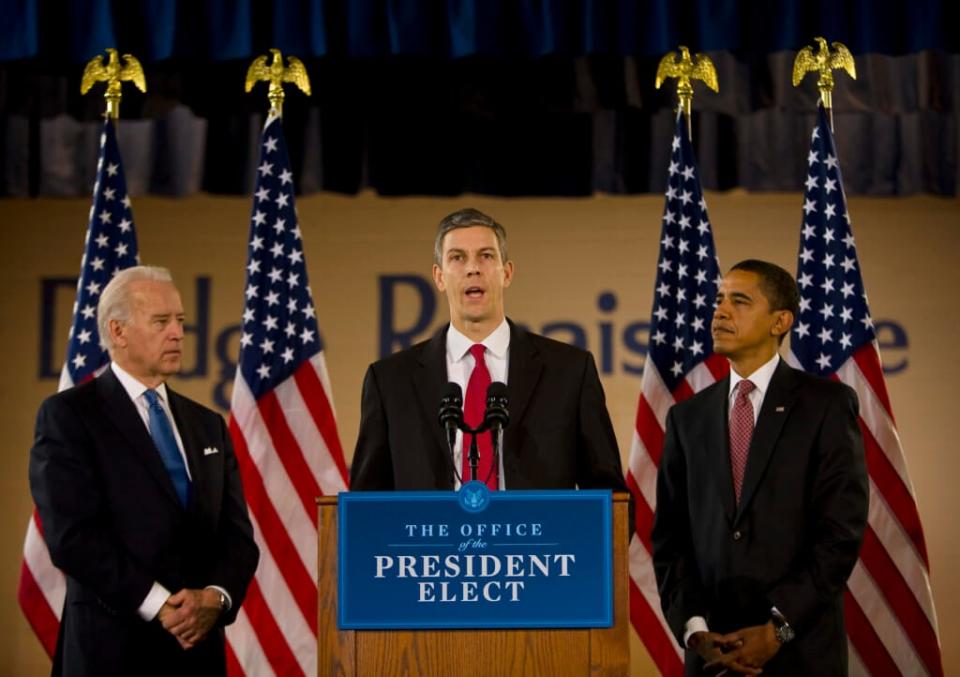 Chicago School Chief Arne Duncan (R) speaks after President Elect Barack Obama announced him as the nominee for Secretary of Education at a news conference at Dodge Renaissance Academy on Chicago’s West Side. Vice president-elect Joe Biden (L) was also in attendance. (Photo by Ralf-Finn Hestoft/Corbis via Getty Images)