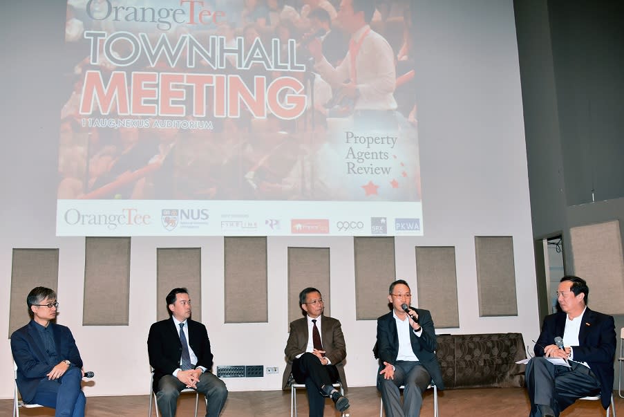 Panelists at OrangeTee’s townhall meeting (from left): Bill Leung of OrangeTee; Davin Wang and Ong Seow Eng of NUS; and Steven Tan and Michael Tan of OrangeTee