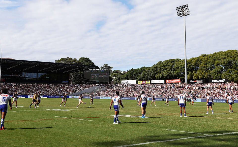 4 Pines Park, pictured here during Manly's clash with the Bulldogs.