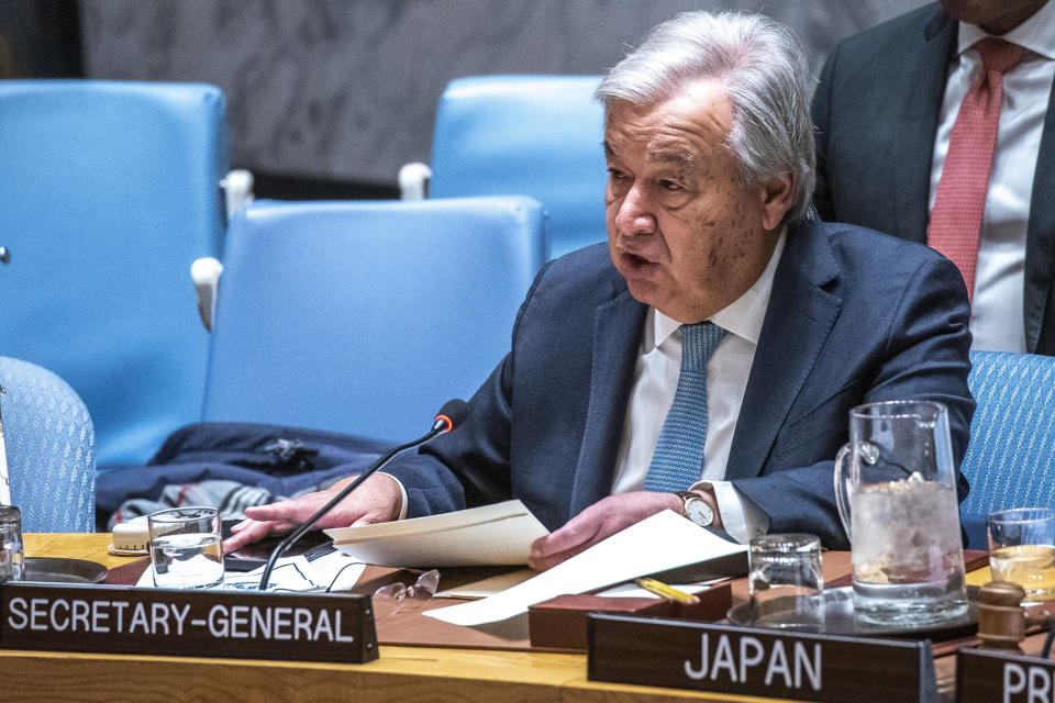 United Nations Secretary-General António Guterres addresses a meeting of the United Nations Security Council on maintenance of international peace and security, nuclear disarmament and non-proliferation, Monday, March 18, 2024, at U.N. headquarters. (AP Photo/Eduardo Munoz Alvarez)