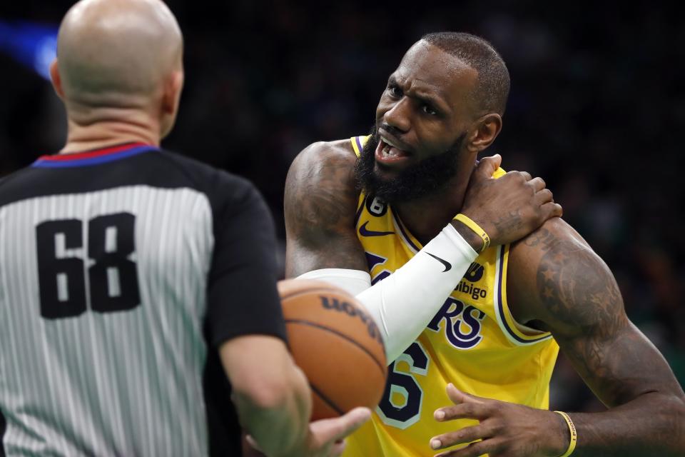 Los Angeles Lakers' LeBron James (6) argues a call during the first half of the team's NBA basketball game against the Boston Celtics, Saturday, Jan. 28, 2023, in Boston. (AP Photo/Michael Dwyer)
