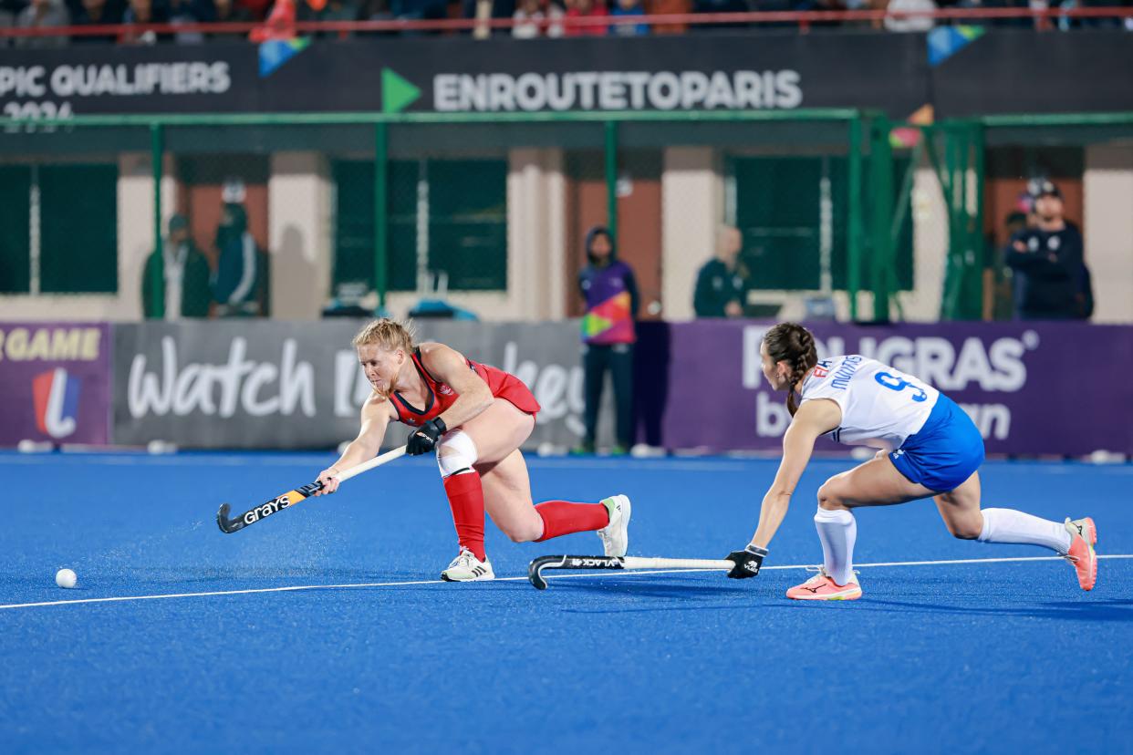 Team USA's Ally Hammel, who grew up in Duxbury, competes at the field hockey Olympic qualifying tournament in Ranchi, India, last month. The U.S. was runner-up to Germany, securing a spot in the 2024 Summer Olympics in Paris.