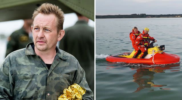 Mr Madsen after landing the submarine on August 11 and (right) Swedish Sea Rescue Society search for Ms Wall's body. Source: AAP