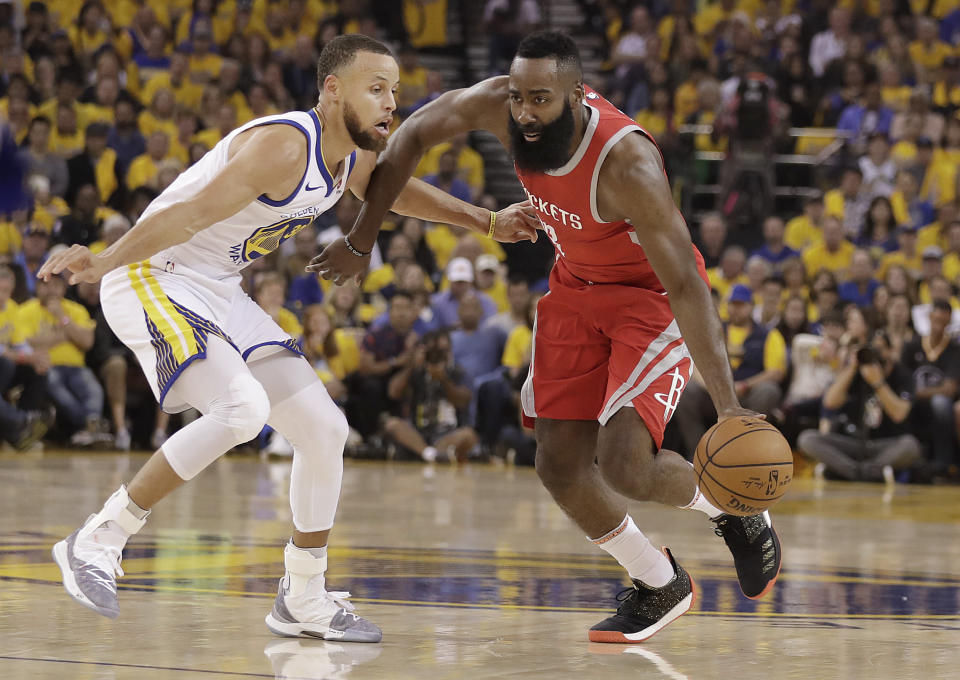 Shoe contracts are reportedly the biggest obstacle for Stephen Curry and James Harden starring in "Space Jam 2."  (AP)