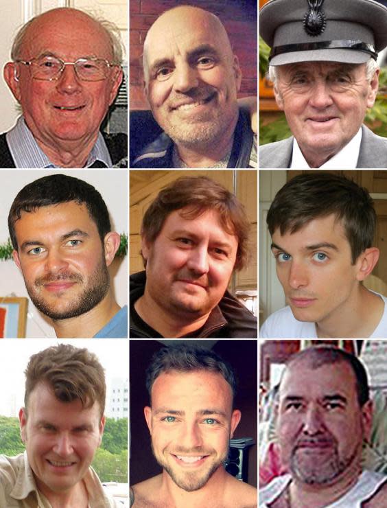 Those who died in the Shoreham air show crash included: (top row, L to R) Graham Mallinson, Mark Trussler and Maurice Abrahams, (middle row, L to R) Matthew Grimstone, Dylan Archer and Richard Smith, (bottom row, L to R) Tony Brightwell, Matt Jones and Mark Reeves. (PA/PA Wire)