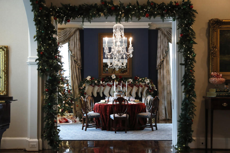 Christmas holiday decorations are seen at the Vice President's residence, Monday, Dec. 2, 2019, in Washington. (AP Photo/Jacquelyn Martin)