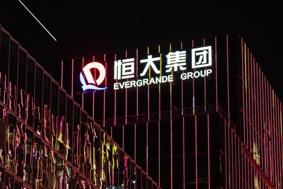 SHENZHEN, GUANGDONG, CHINA - 2019/10/05: Chinese property developer Evergrande Group logo seen on top of a skyscraper at night. (Photo by Alex Tai/SOPA Images/LightRocket via Getty Images)