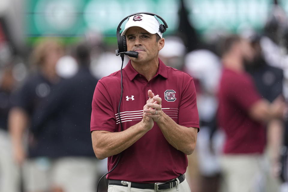 South Carolina head coach Shane Beamer is shown during the first half of an NCAA college football game against Georgia Saturday, Sept. 16, 2023, Ga. (AP Photo/John Bazemore)