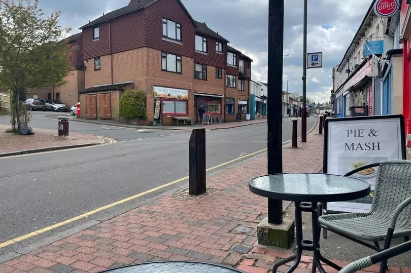 Whippet in Tunbridge Wells - it's great for pie and mash, lovely coffee and bagels - tables and chairs outside Whippet on the red brick pavement and the shops opposite, a butcher and veg shop