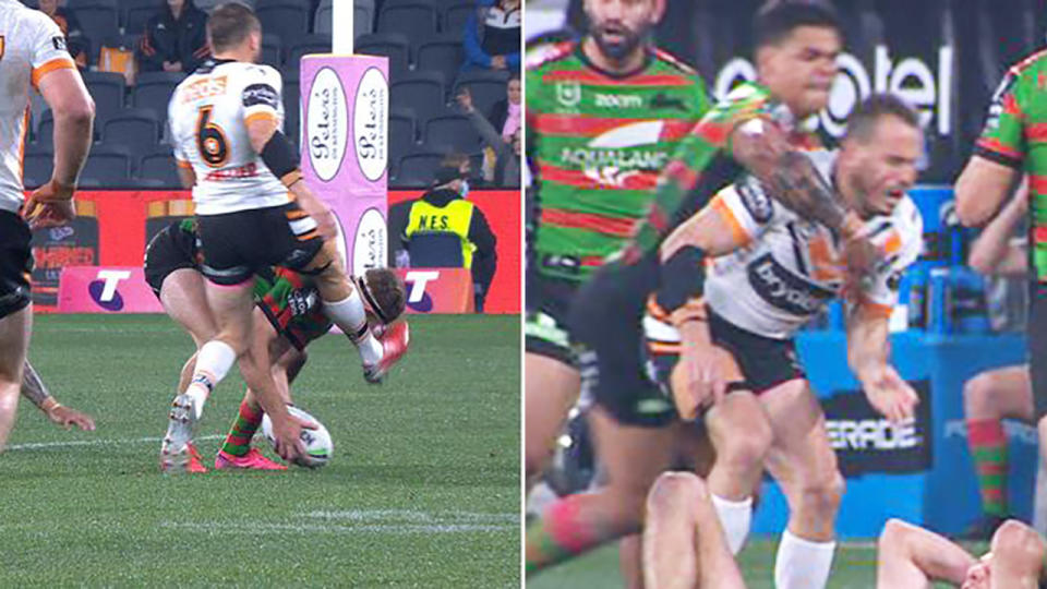 Latrell Mitchell, pictured here clobbering Josh Reynolds after he kicked Campbell Graham in the head.