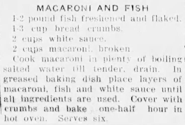 A recipe on how to create Macaroni and Fish from a 1927 Corpus Christi Times article.