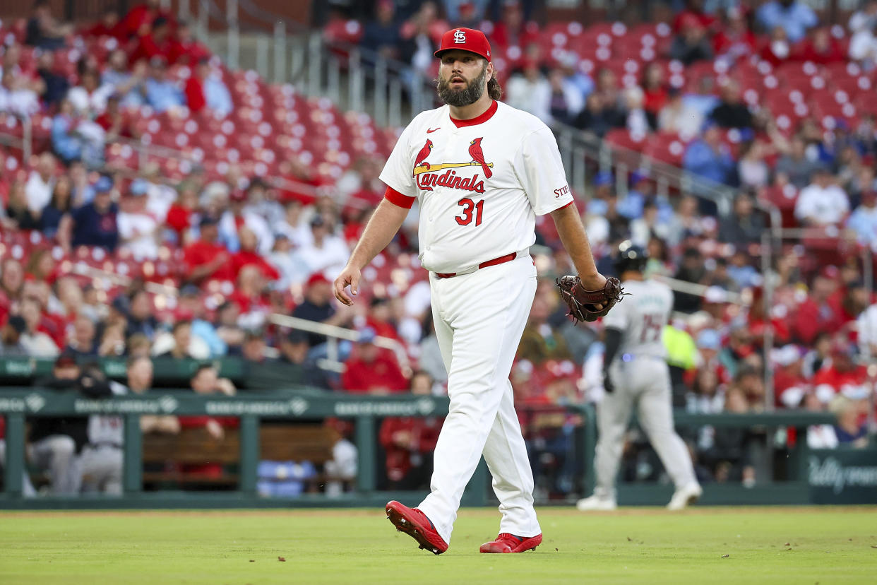 St. Louis Cardinals starting pitcher Lance Lynn (31) returns to the dugout after pitching during the second inning of a baseball game against the Arizona Diamondbacks, Monday, April 22, 2024, in St. Louis. (AP Photo/Scott Kane)