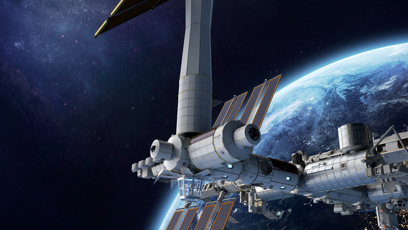 An illustration of a commercial space station in low earth orbit.