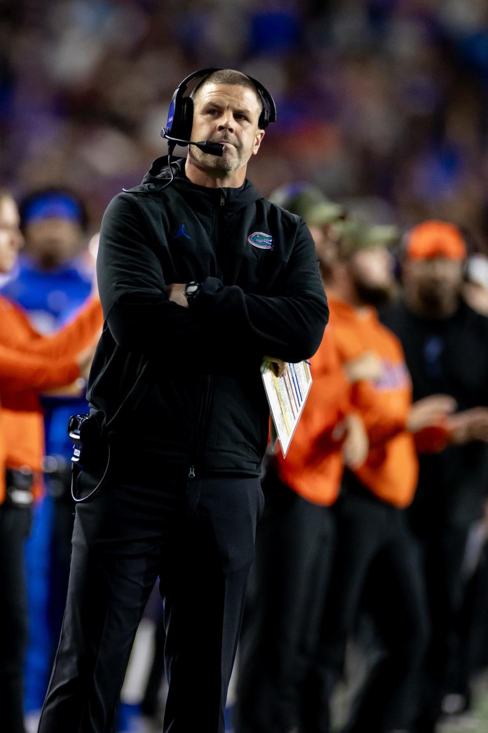 Florida Gators head coach Billy Napier looks at the scoreboard during the first half against the Florida State Seminoles at Steve Spurrier Field at Ben Hill Griffin Stadium in Gainesville, FL on Saturday, November 25, 2023. [Matt Pendleton/Gainesville Sun]