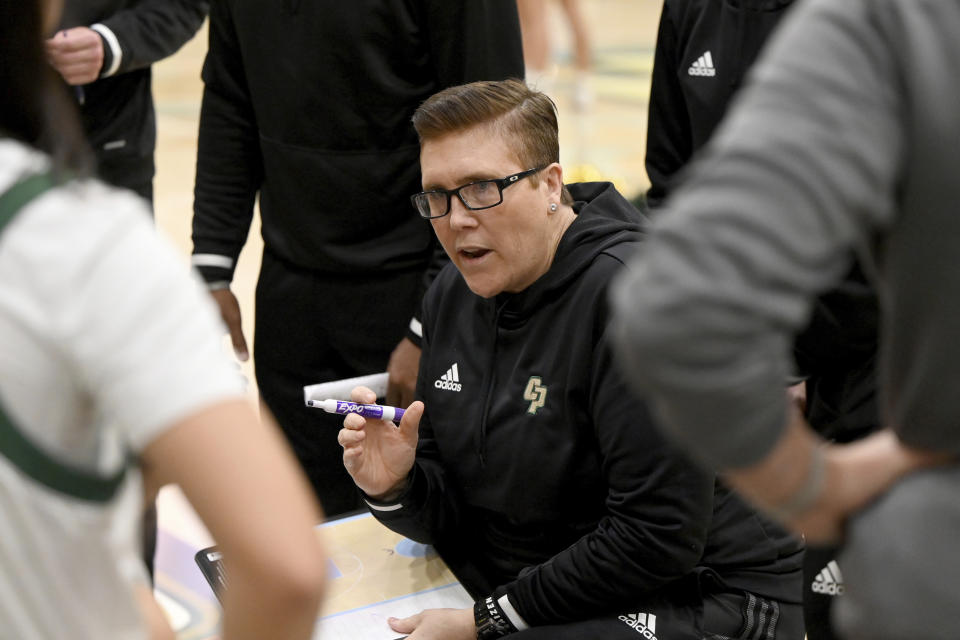 Cal Poly head coach Shanele Stires talks during a timeout in the first half of an NCAA college basketball game against South Carolina, Tuesday, Nov. 22, 2022, San Luis Obispo, Calif. (AP Photo/Nic Coury)