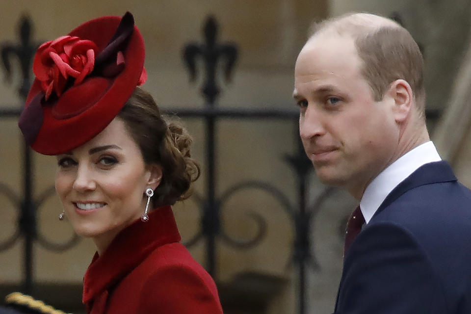 Britain's Catherine, Duchess of Cambridge and Britain's Prince William, Duke of Cambridge, arrive to attend the annual Commonwealth Service at Westminster Abbey in London on March 09, 2020. - Britain's Queen Elizabeth II has been the Head of the Commonwealth throughout her reign. Organised by the Royal Commonwealth Society, the Service is the largest annual inter-faith gathering in the United Kingdom. (Photo by Tolga AKMEN / AFP) (Photo by TOLGA AKMEN/AFP via Getty Images)