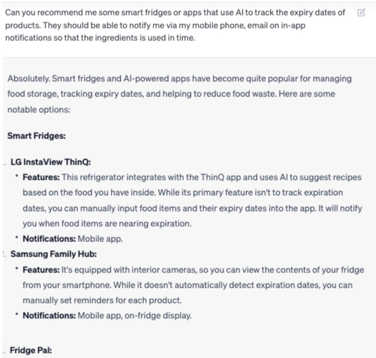 Screenshot of question asked to ChatGPT, 'Recommendation of smart fridges or apps that use AI to track expiration dates of products'