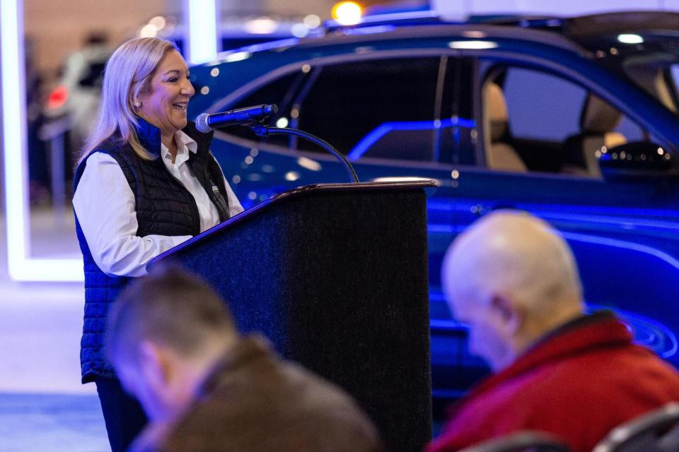 Chair of the Philadelphia Auto show and President of Pacifico Ford, Maria Pacifico, welcomes the press to the 2020 Philadelphia Auto Show, at the Pennsylvania Convention Center, on Friday, February 7, 2020. [DAVE HERNANDEZ / PHOTOJOURNALIST]