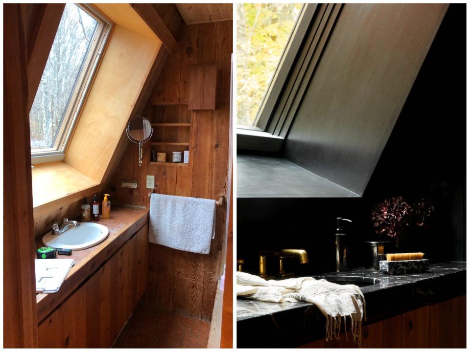On the left, a mainly wooden simple bathroom. On the right, a mainly black bathroom. The sink taps are gold.