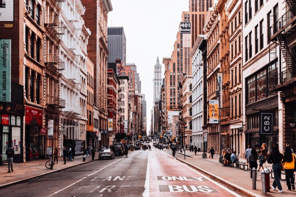 View of a Tribeca street with cast iron buildings on either side