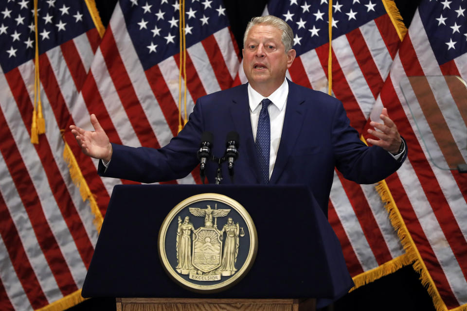 Former Vice President Al Gore delivers his remarks before witnessing New York Gov. Andrew Cuomo sign the Climate Leadership and Community Protection Act, Thursday, July 18, 2019, at Fordham University in New York. New York’s new law aimed at ending climate change emissions will drive dramatic changes over the next 30 years if it meets its ambitious goals. (AP Photo/Richard Drew)