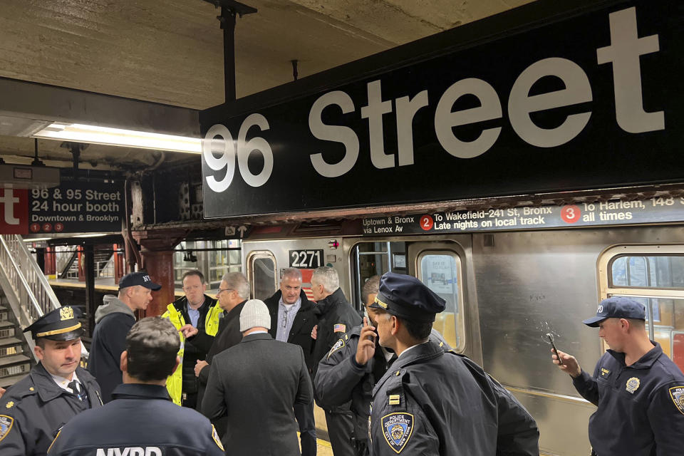 This photo provided by Office New York Mayor shows the 96th St. & Broadway subway station after the derailment of a New York City subway car, Thursday, Jan. 4, 2024. A New York City subway train derailed Thursday after being sideswiped by another train, leaving more than 20 people with minor injuries including some who were brought to hospitals, the New York City Police Department said. (Office of New York Mayor via AP)