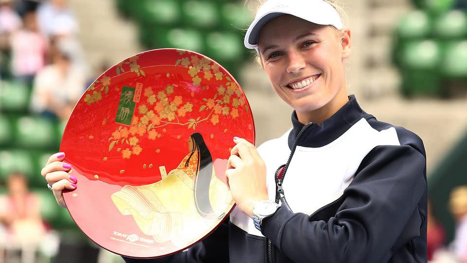 Wozniacki looked happy to have ended her title drought. Pic: Getty