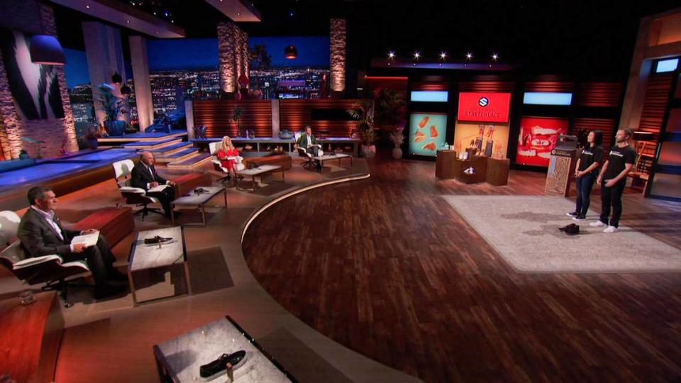 Jamie Montz, and her husband, David, appear on the set of ABC’s long-running show “Shark Tank,” seeking an investment in her invention, The Original Stretchlace. The show will air in Boise at 7 p.m. Friday on KIVI-Channel 6.