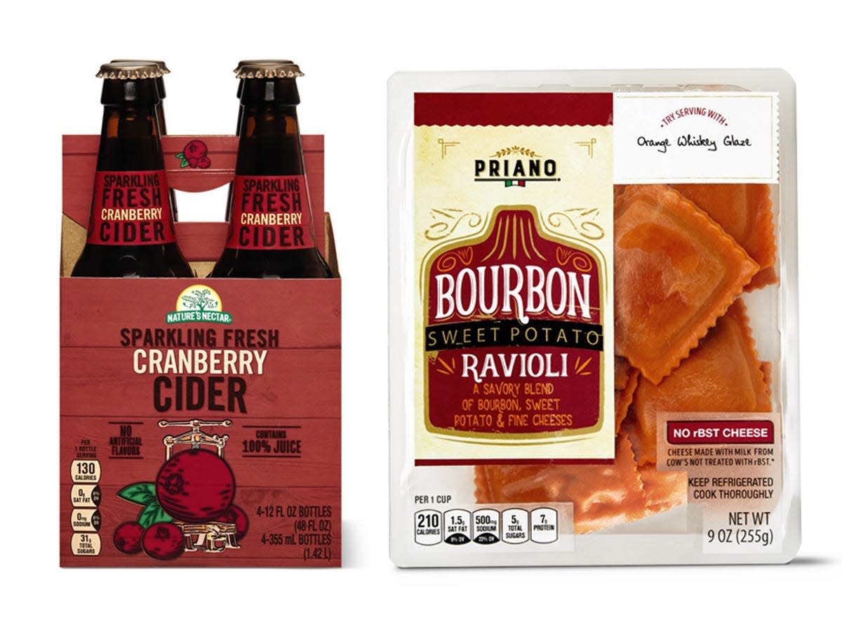 Red package of bottle of cranberry cider and beige and red package of bourbon sweet potato ravioli from Aldi