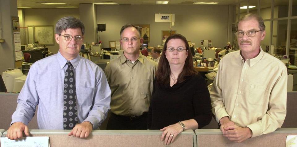 Authors of “Bind, Torture, Kill: The inside Story of The BTK Serial Killer Next Door,” from left, Roy Wenzl, Tim Potter, L. Kelly and Hurst Laviana.