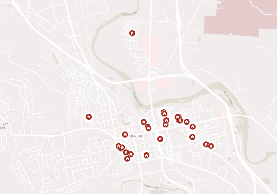 A map of the recent properties being demolished or rehabilitated by the Ross County Land Bank.