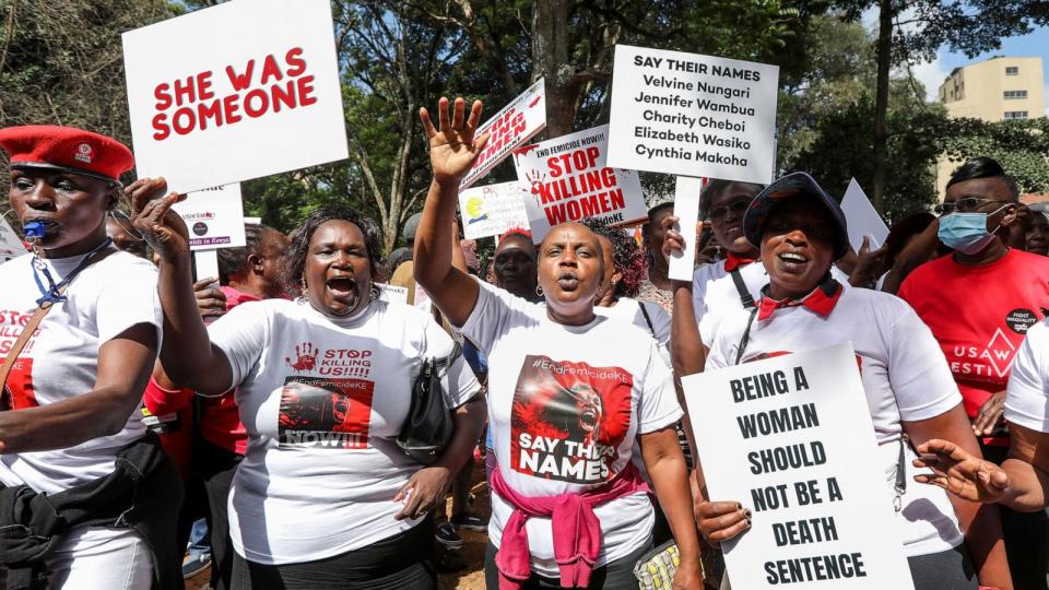 PHOTO: Protesters hold placards and shout slogans as they participate in a nationwide protest against increasing femicide cases in the country, in Nairobi, Kenya, on Jan. 27, 2024.  (Daniel Irungu/EPA via Shutterstock)