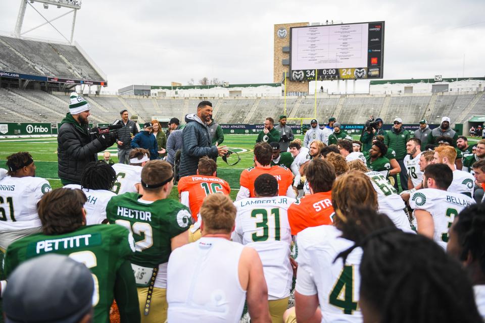 Colorado State head coach Jay Norvell speaks to the team after the green and gold spring game on Saturday, April 22, 2023, at Canvas Stadium in Fort Collins.