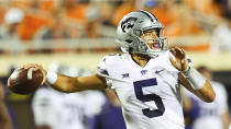 Kansas State quarterback Jaren Lewis (5) throws a pass during an NCAA college football game against Oklahoma State, Saturday, Sept. 25, 2021, in Stillwater, Okla. (AP Photo/Brody Schmidt)