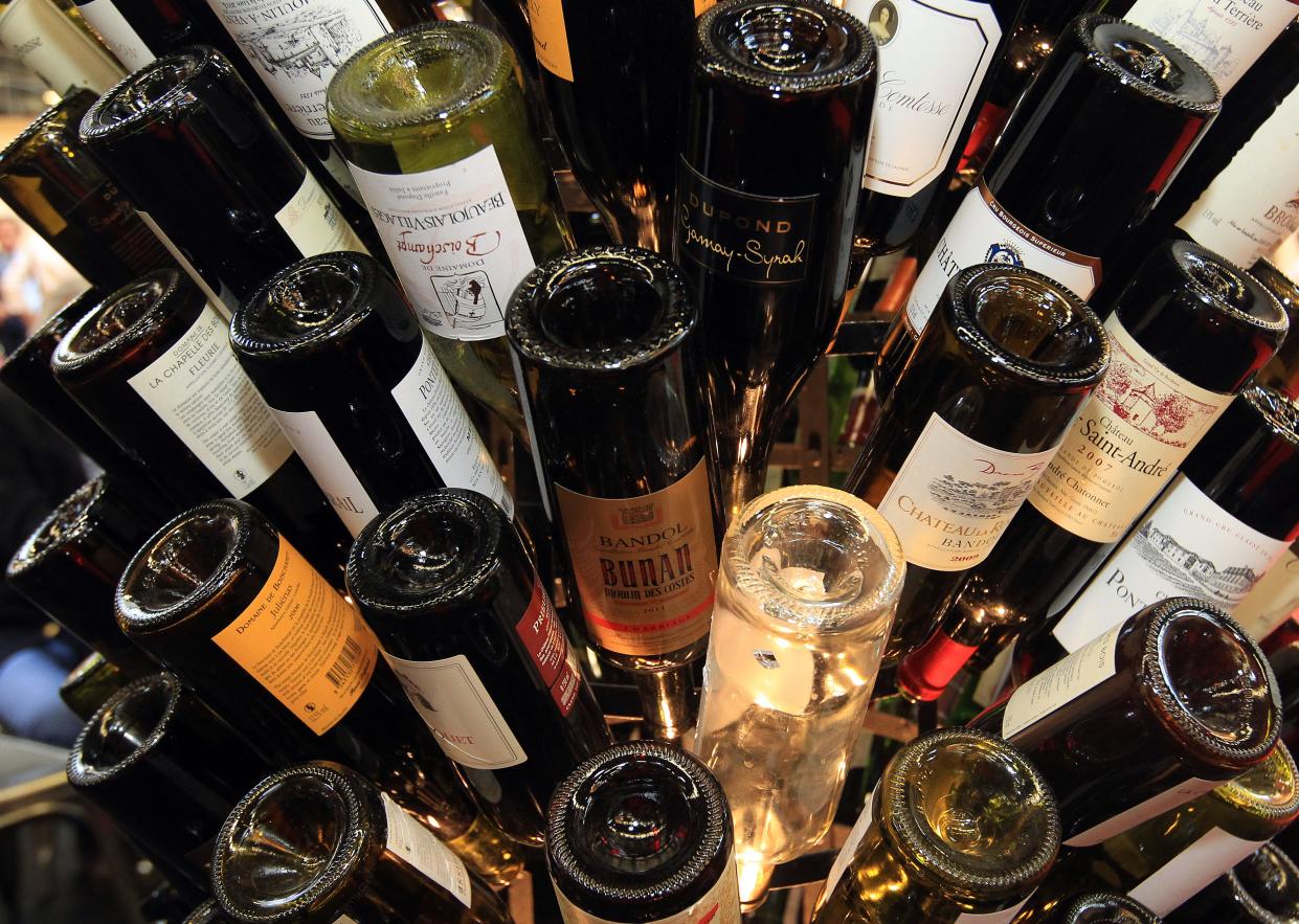 A cluster of wine bottles