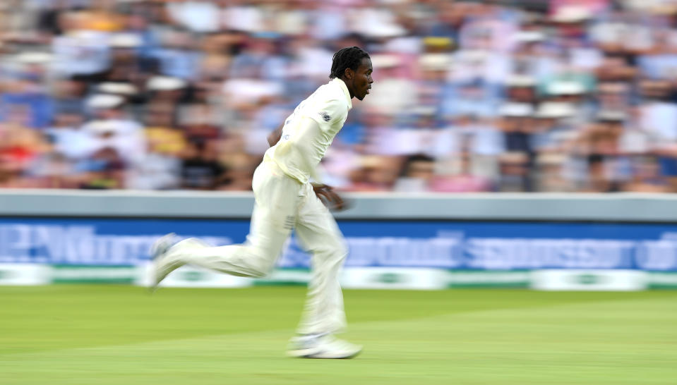 LONDON, ENGLAND - AUGUST 17: Jofra Archer of England bowls during day four of the 2nd Specsavers Ashes Test match at Lord's Cricket Ground on August 17, 2019 in London, England. (Photo by Gareth Copley/Getty Images)