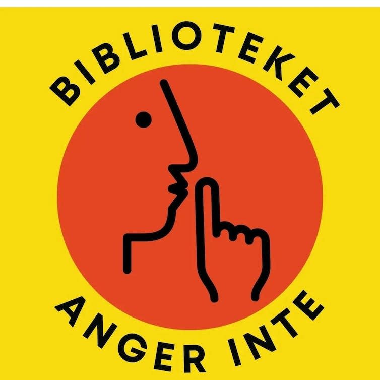 An illustration of a person holding their finger up to their lips with the words 'the library won't report' in Swedish above and below.