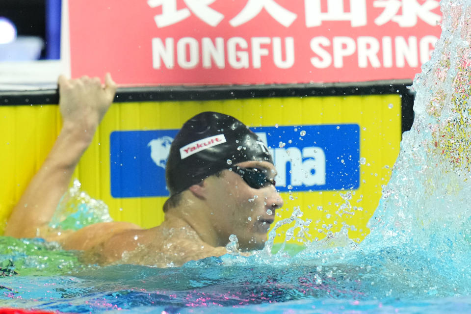 Bobby Finke of United States celebrates after winning the men's 800m freestyle final at the 19th FINA World Championships in Budapest, Hungary, Tuesday, June 21, 2022. (AP Photo/Petr David Josek)