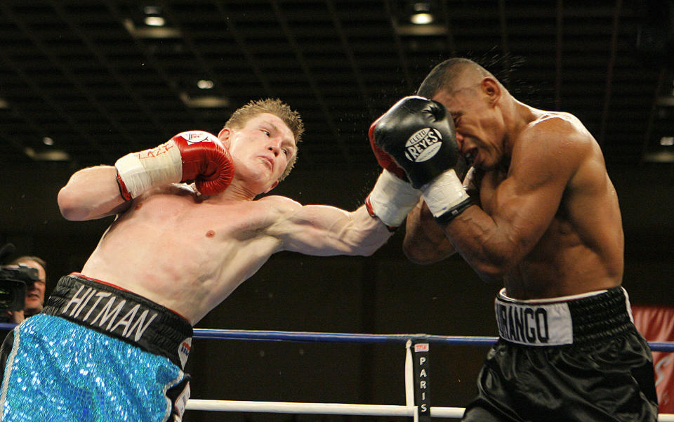 FILE - Ricky Hatton, left, of England, lands a left to the face of Juan Urango, of Colombia, in the seventh round of their IBF Jr. welterweight title boxing match in Las Vegas on Saturday, Jan. 20, 2007. Hatton won by a unanimous decision. Hatton was elected Thursday, Dec. 7, 2023 to the International Boxing Hall of Fame. (AP Photo/ Jae C. Hong, File)