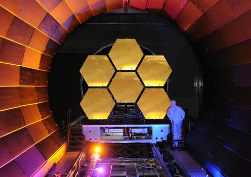 <span class="caption">NASA's James Webb telescope mirror undergoing cryogenic testing.</span> <span class="attribution"><span class="source"> Ball Aerospace/Flickr</span>, <a class="link " href="http://creativecommons.org/licenses/by-sa/4.0/" rel="nofollow noopener" target="_blank" data-ylk="slk:CC BY-SA;elm:context_link;itc:0;sec:content-canvas">CC BY-SA</a></span>