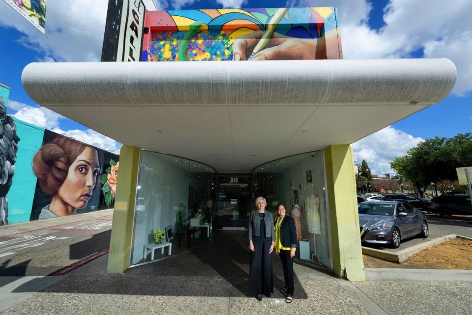 The Chartreuse Muse co-owners Ellen Roehne, left, and Sandra Veneman, right, outside their art gallery and school in Modesto, Calif., Saturday, March 30, 2024.