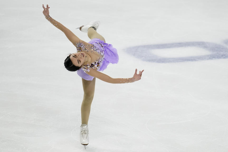 Karen Chen performs during the women's free skate at the U.S. Figure Skating Championships, Friday, Jan. 15, 2021, in Las Vegas. (AP Photo/John Locher)