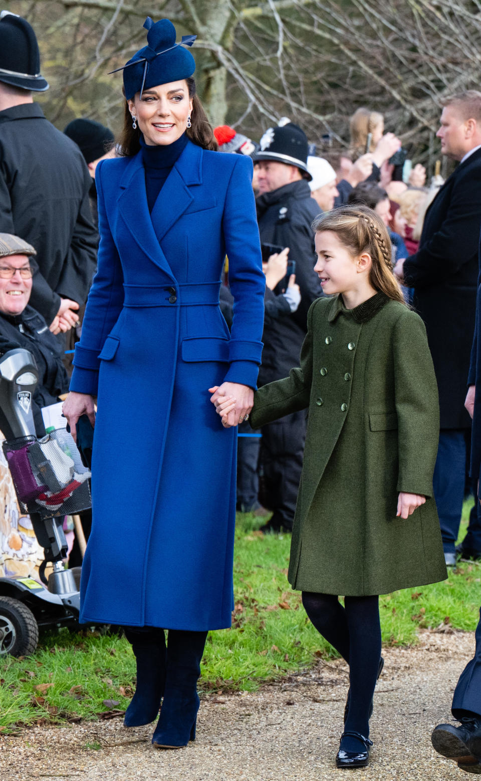 SANDRINGHAM, NORFOLK - DECEMBER 25: Catherine, Princess of Wales and Princess Charlotte of Wales attend the Christmas Morning Service at Sandringham Church on December 25, 2023 in Sandringham, Norfolk. (Photo by Samir Hussein/WireImage)