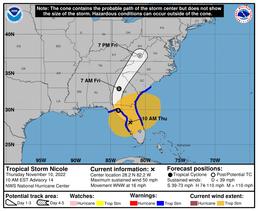 The Thursday, Nov. 10, 2022, track of Tropical Storm Nicole.