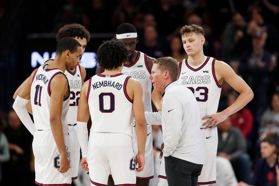 Gonzaga head coach Mark Few, second from the right, speaks with his team during the second half of their game against Saint Mary's, Saturday, Feb. 3, 2024, in Spokane, Wash.