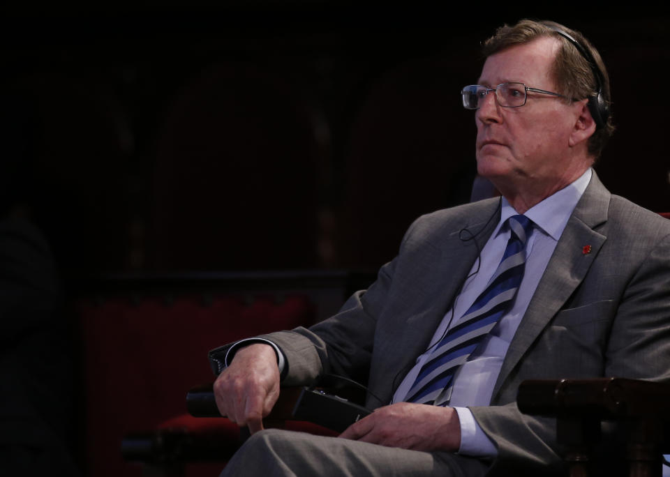 FILE - Northern Irish Nobel Peace Prize laureate David Trimble attends during the opening ceremony of the 15th World Summit of Nobel Peace Laureates at the University in Barcelona, Spain, Nov. 13, 2015. David Trimble helped end decades of violence in Northern Ireland by shunning his hardline unionist past and negotiating with a former foe in pursuit of a goal they both shared: Peace. That willingness to compromise was remembered Tuesday on both sides of the Atlantic as world leaders honored Trimble, who died Monday, July 25, 2022 at the age of 77. (AP Photo/Manu Fernandez, file)