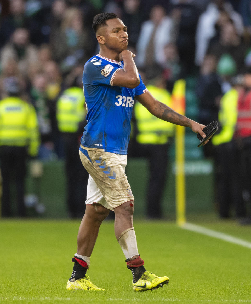 GLASGOW, SCOTLAND - DECEMBER 29:  Rangers' Alfredo Morelos gestures to the fans as he is sent off during the Ladbrokes Premiership match between Celtic and Rangers at Celtic Park on December 29, 2019 in Glasgow, Scotland. (Photo by Craig Williamson / SNS Group via Getty Images)