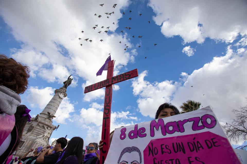 Several thousand people gather at the Benito Juárez Monument in Ciudad Juárez for a march that commemorates the International Women's Day by demanding safety, equality, and justice for women and girls, March 8, 2024.