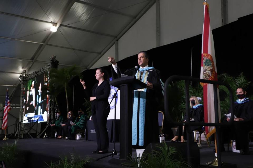 Miami-Dade Schools Superintendent Alberto Carvalho speaks to the graduates of Coral Gables Senior High on Tuesday, June 1, 2021, at the Miami-Dade Fair & Expo.